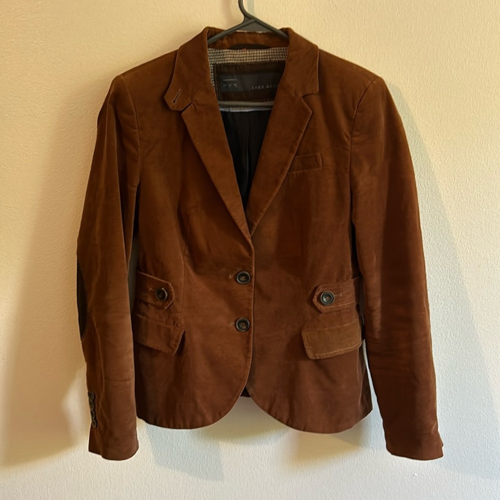 Zara Basic Women's Classic Brown Velour 2 Button 2 Pocket Blazer. Size : S/M